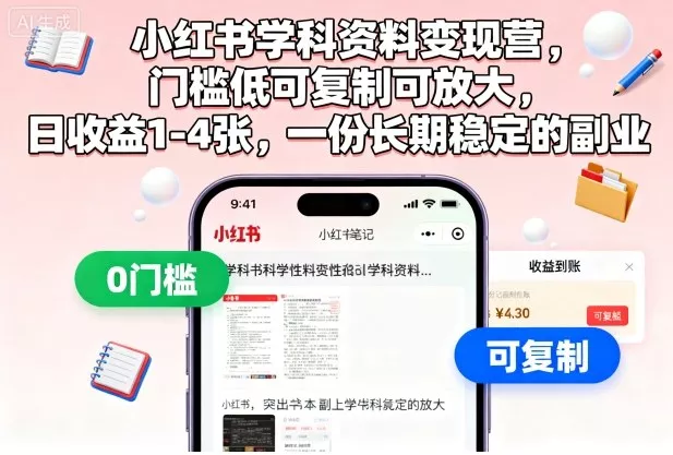 小红书学科资料变现营，门槛低可复制可放大，日收益1-4张，一份长期稳定的副业 - 项目资源网
